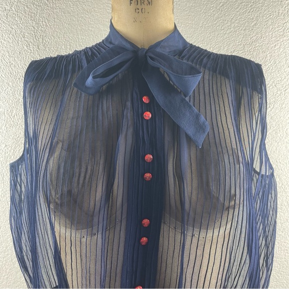 Vintage l 50s L Sheer Navy Blue Pintuck Necktie Bow Red Button Rockabilly Blouse - Picture 2 of 11